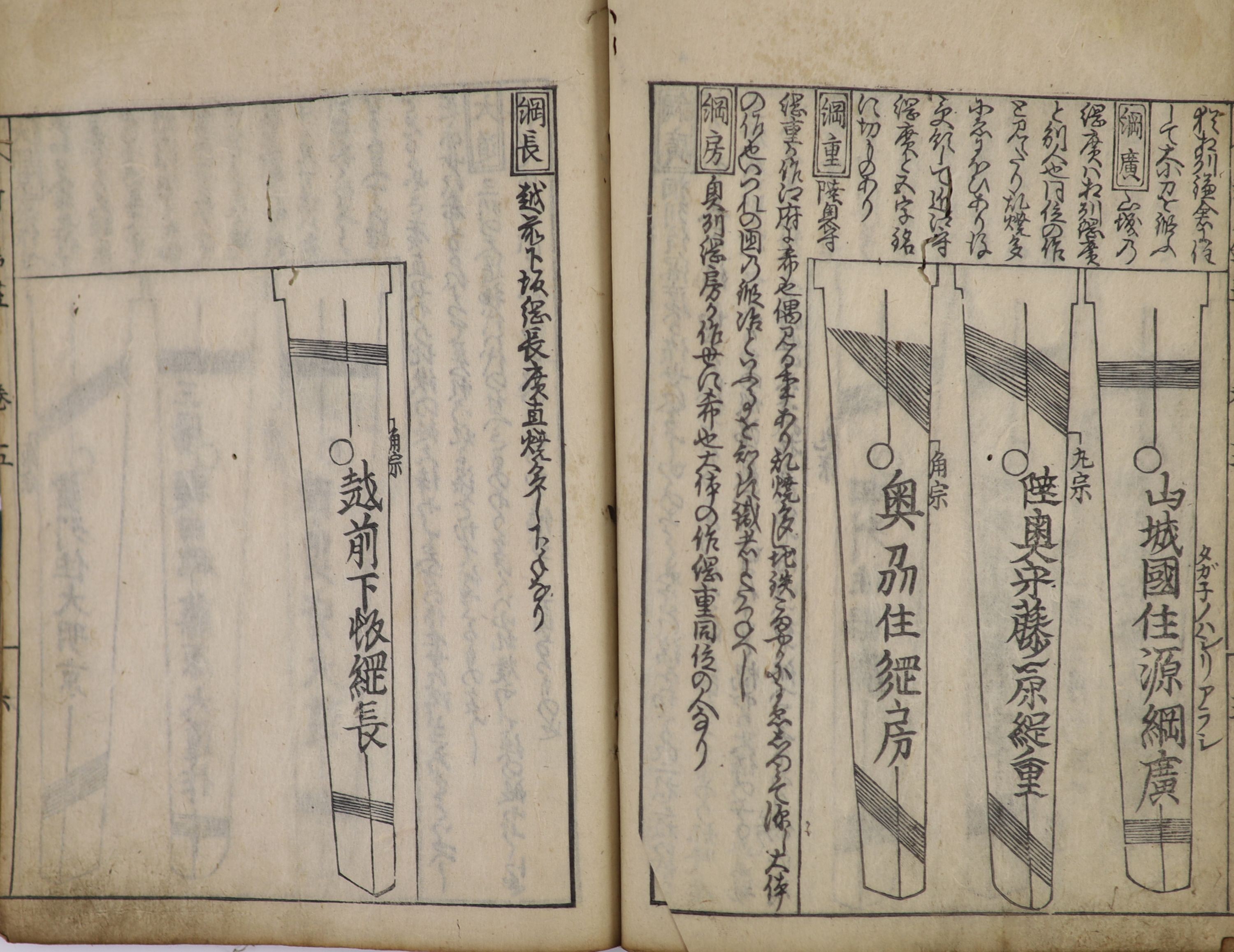 A set of five Japanese woodblock printed books of Samurai sword tang designs and examples of maker's marks, 19th century, 26.5 cm x 18 cm, faults